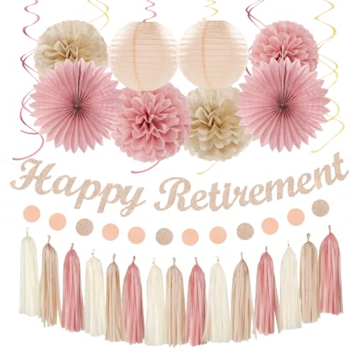 Image of Blush Pink Rose Gold Happy Retirement Banner Party Decorations Burgleda