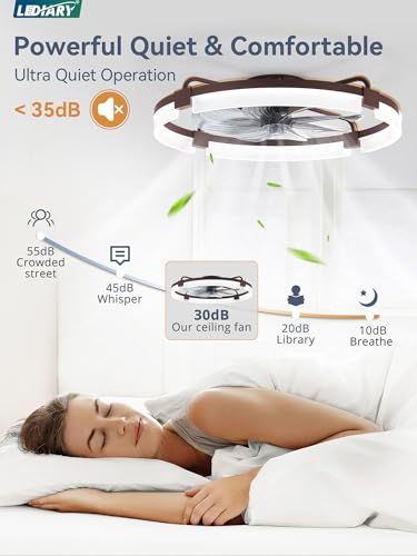 Image of LEDIARY 24 inch Ceiling Fans with Lights and Remote, Modern Low Profile Ceiling Fan, 3 CCT, Stepless Dimmable, Fandelier Flush Mount Fan Light, 6 Speeds, DC Motor, App & Remote Control for Bedroom(Brown)