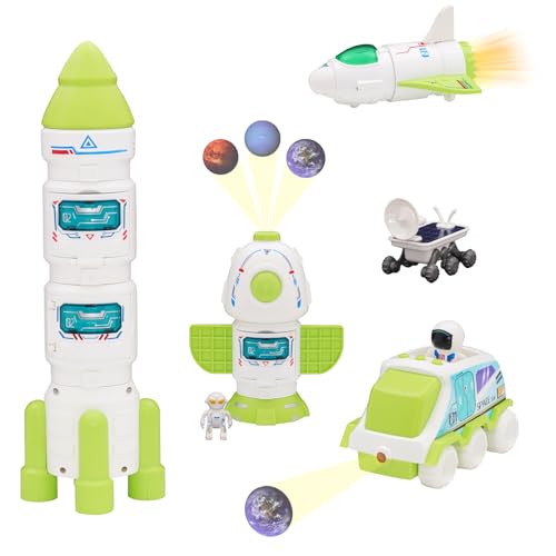Jomifin Spaceship Toy Set for Kids, Space Astronaut Play with Lights & Sound Effect, Rocketship Solar System Playset with Rocket Shuttle, Space Station, Space Rover (Green)