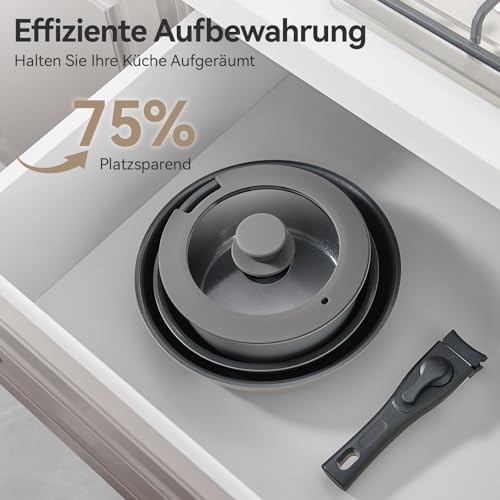 Alajivo Topfset mit Abnehmbarer Griff, 9-Teilig Topfsets Pfannenset mit Antihaft Beschichtet, Topfset Induktion Kochtopf Set mit Deckel, für Alle Herdarten, Backofenfest, Ofenfest (grau) - Zusatzansicht 4 | Kochtöpfe