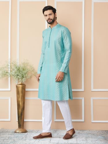 Image of See Designs Men's Long Sleeve Mandarin Collar Side Slit Embroidered Thread Work Sequinned Chanderi Silk Straight Kurta with Pyjama