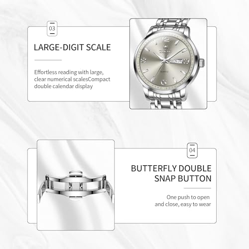 Taxau Popular Watch Gray Silver Watches for Mens with Day Date Quartz Big Face Classic Water Resistant Luminous Dress Men's Wrist Watches Popular Analog — view 5