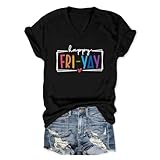 Teacher Shirts for Women Happy Friday Shirt Funny Teacher Graphic Tees Friday Weekend Holiday T-Shirt Short Sleeve Top Black