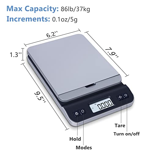 Image of QP Shipping Scale, 86lb /0.1oz High Accuracy Digital Postal Scale for Packages, Hold /Tare Function, Backlit LCD Display, Flip-up Holder, Postage Scale, Mail Scale, Battery & Tape Measure Included