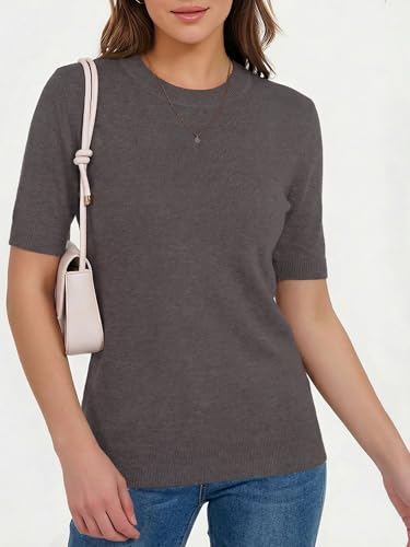 LaGracia Wool Blend Sweaters for Women Crewneck Short Sleeve Lightweight Sweater Office Summer Outfits Coffee 2XL — view 5