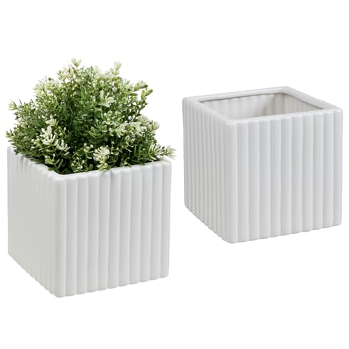 MyGift 6.3 Inch Square Vintage White Ceramic Succulent Planter Pot with Vertical Ribbed Design, Indoor Mini Flower Plant Pots, Set of 2