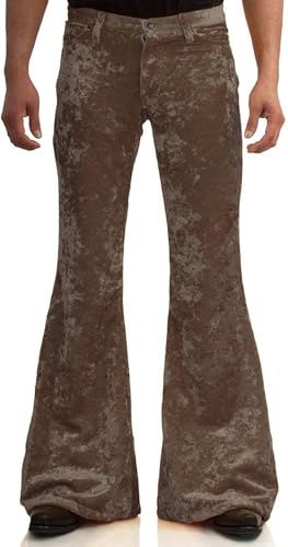 Men's Velvet Relaxed Vintage 60s 70s Bell Bottom Stretch Fit Classic Comfort Flared Flares Retro Leg Disco Pants, Brown, Small