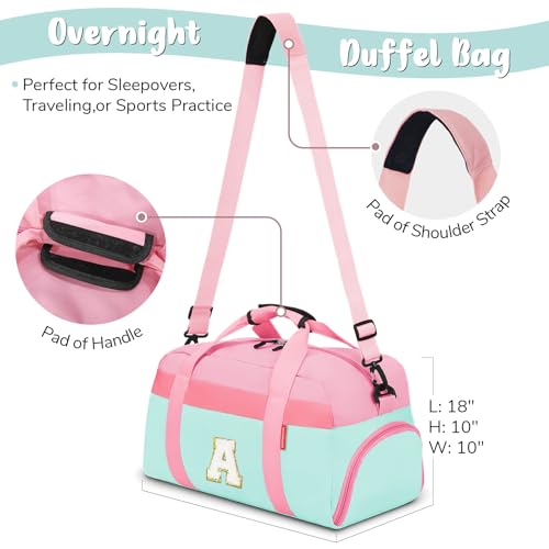 Initial Kids Duffle Bag for Boys or Girls, Kids Overnight Bag with Shoe Compartment, Personalized Weekender bags, Birthday Gifts for Women Boys Girls(Pink Green-Letter A)3