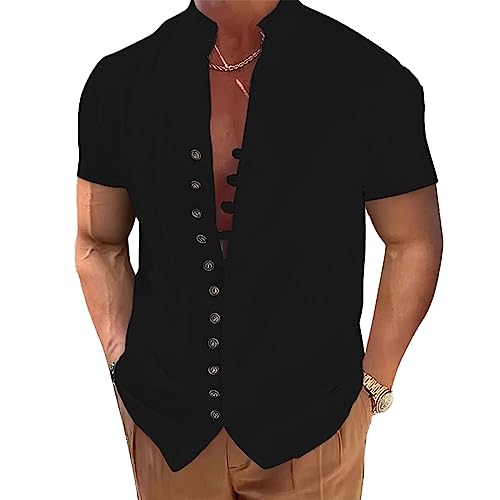 Camisas de Manga Corta para Hombre Camisa de Lino Manga Corta para Hombre Informales de Verano Camisa Suelta de Negro con Botónes Top Camisa de Estilo Casual