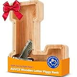 AUVCE Wooden Initial Piggy Bank - Large Solid Wood Money Box for Kids - Personalized Letter Money Bank, Unique Educational Gift Decor for Baby Shower, Birthday & Nursery (L)