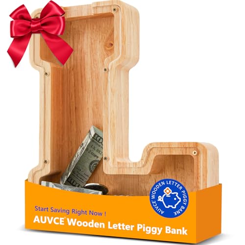 AUVCE Wooden Initial Piggy Bank - Large Solid Wood Money Box for Kids - Personalized Letter Money Bank, Unique Educational Gift Decor for Baby Shower,...