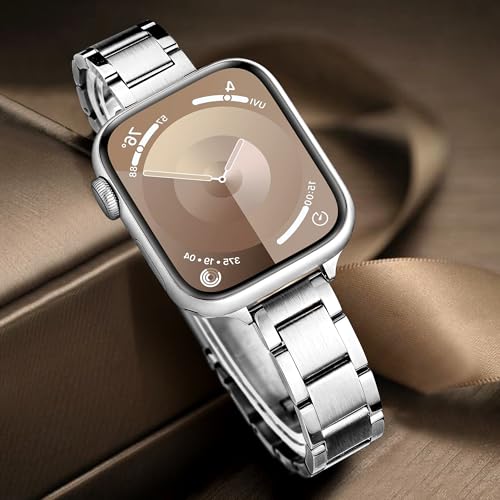 Pleixiu Slim Designer Stainless Steel Band Compatible with Apple Watch Bands for Women 44mm 40mm 45mm 41mm 38mm 42mm 46mm, Dressy Wristband for Apple Watch Series 11 10 SE 9 8 7 6 5 4 3 2 1 -Silver by Pleixiu - Used condition - Image 5