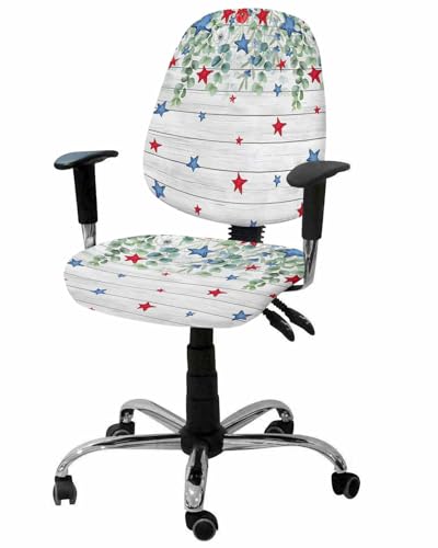 4th of July 2 Pieces Computer Office Chair Covers Set,Stretchable Desk Rotating Chair Seat Cushion Slipcover Back Covers,Memorial Day Patriotic Star Leaf Wooden Slipcover Back Cover,Protectors Cover