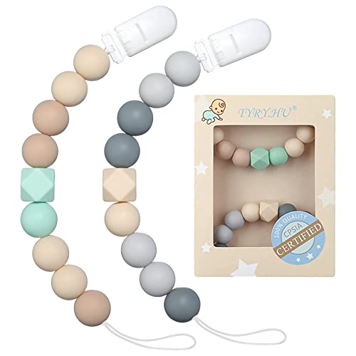 Image of Pacifier Clip for Baby Boys Girls, Pacifier Holde,Neutral Binky Clips for Baby Gift,2 Pack(Beige, Grey)