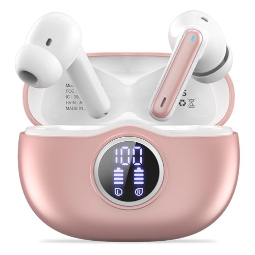 Fhumsh A10 Pro Wireless Earbuds Bluetooth 5.3 HiFi Stereo, 50H Playback LED Digital Display Earphones- Rose Gold