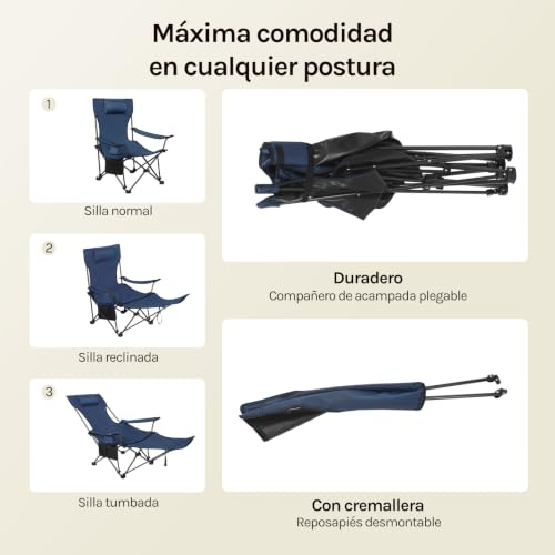 Miniatura 5 de Woltu Silla Camping Plegable, Tumbona Camping Portátil Con Portavasos, Reposacabezas Y Bolsa Lateral, Marco De Acero, Carga Máxima 150 Kg, Para Picnic, Playa, Jardín, Pesca, Azul