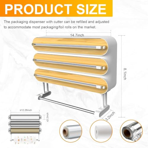 Image of DOCAT Foil Paper Cutter and Holder, 3 in 1 Magnetic Aluminum Foil and Plastic Wrap Organizer with Paper Towel Holder, Compatible with Cling Film, Tin Foil and Wax Paper (4 in 1 Wooden)