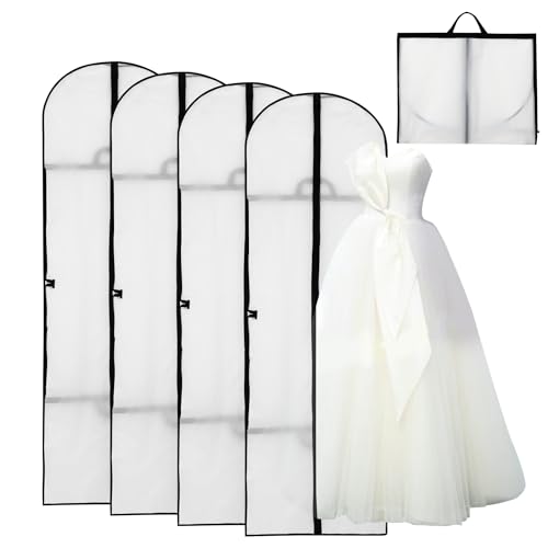 4 Stück Kleidersack, 180 x 60 cm Weiß Kleidersäcke mit Reißverschluss, Faltbare Kleiderhülle, Atmungsaktive Kleidersäcke mit Griffen für Kleider, Abendkleider, Anzüge | Schützt vor Staub, Feuchtigkeit