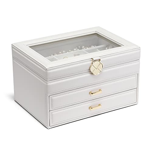 Vlando Jewelry Box Organizer, Leather Jewelry Display Case, 2 Jewelry Tray Drawer Storage Box, White #TOP7