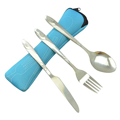 Kentop Juego de 3 Cubiertos Acero Inoxidable con Patrón de Pájaro Grulla Tallada para Caminando Camping Picnic