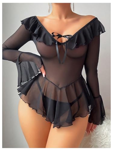 Image of OYOANGLE Women's 2 Piece Off Shoulder Long Sleeve Ruffle Mesh Sheer Nightgowns with Thongs Babydoll Lingerie Set