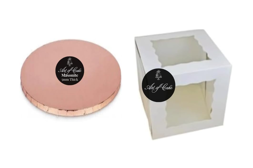 Art of cakeยฎ Masonite Cake Board (5mm) and 2 Sided Window Tall Cake Box (Rose Gold, 12")