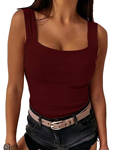 Ivay Womens Sexy Low Cut Square Neck Tank Top Casual Thick Strap Summer Solid Top Burgundy