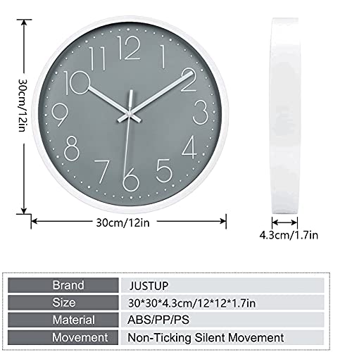 Justup 12In Non-Ticking Wall Clock, Silent Battery Operated Wall Clock With Abs Frame Hd Glass Cover For Kids Living Room Bedroom Kitchen School Office Decor (Gray) #TOP5
