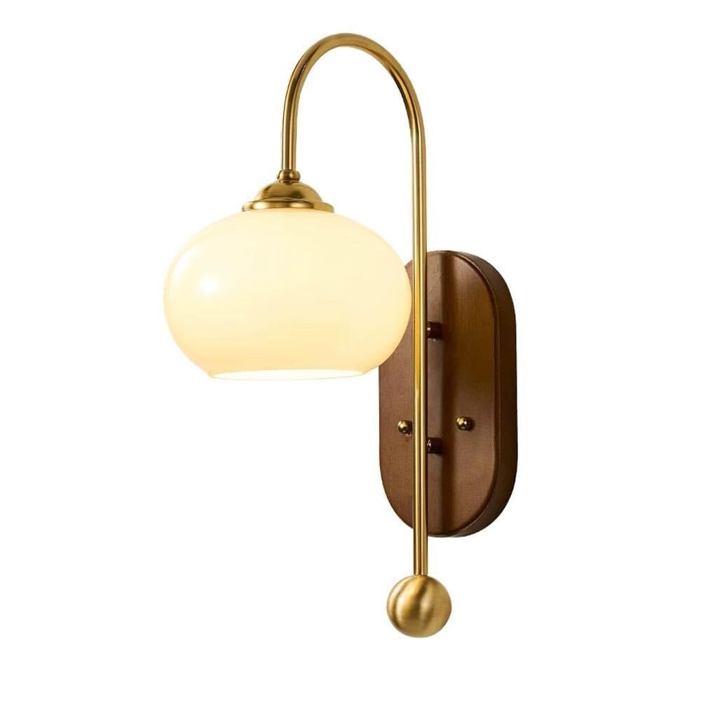 CWCQGH Retro Wood Wall Lamp Modern Antique Brass Finish Wall Light Hand-Blown Glass Shade, Wabi Sabi Nordic Solid Wood Wall Sconce for Bedroom Bedside Study Stairs Hallway Kitch,B