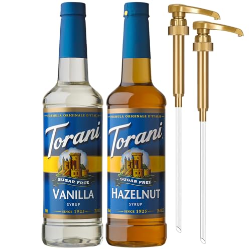 Image of Torani Sugar Free Hazelnut Syrup and Sugar Free Vanilla Syrup Variety 2-Pack, Coffee Syrups for Drinks, Pumps Included, 25.4 Fl Oz Ea