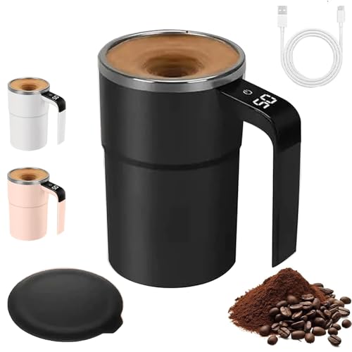 Elbstrührende tasse 380ml Selbstrührende Tasse mit Temperaturanzeige Intelligente Kaffeetasse mit Deckel Selbstumrührende Kaffeetasse Becher mitRührfunktion Thermobecher Smart Mug. (Schwarz)