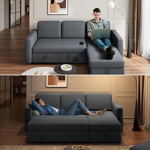 Yaheetech Sectional Sofa L-Shaped Sofa Couch Bed w/Chaise & USB, Reversible Couch Sleeper w/Pull Out Bed & Storage Space Living Room Dark Gray - Thumbnail 3