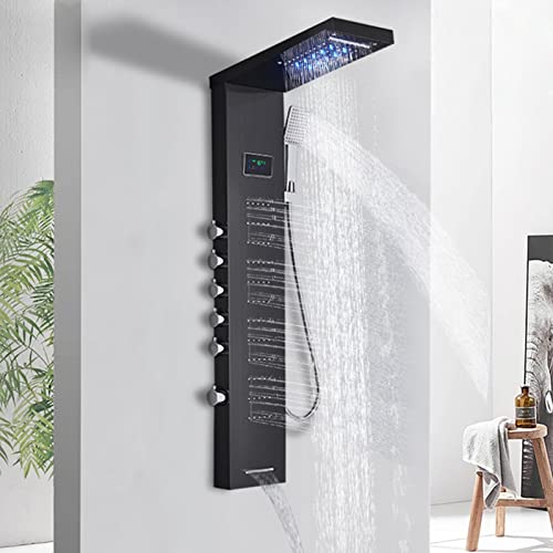 LED Shower Panel Tower System Black, Shower Column with Digital Display, Multi Function Shower System with Rainfall, Waterfall, Massage, Hand Shower, Tub Spout, Bath Shower Mixer Tap LWX