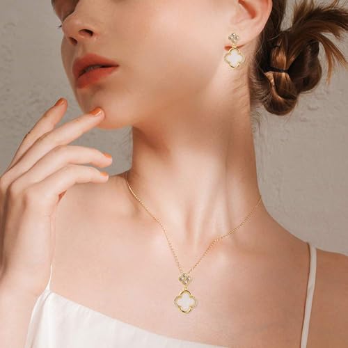 AOWVUTS Four-Leaf Clover Jewellery Set for Women Girls 18K Rose Gold Plated Good Luck Pendant Necklace Stud Earrings Jewellery Set Cubic Zirconia Clover Jewelry Gifts (Gold-White) - Image 2