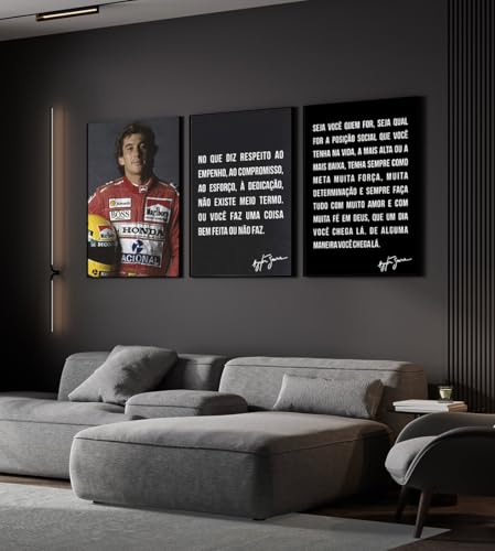 Kit 3 Quadros com Moldura Ayrton Senna Piloto Frase Motivacional 60x40 cm