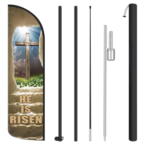 HunnmingRe 11.2 ft Easter He is Risen Feather Flag with Pole - Windless Polyknit Feather Flag Christian Religious Cross Banner for Church Outdoor Advertising Business (Multicolor)