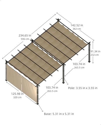 12 x 20 Ft Aluminum Pergola, Outdoor Metal Gazebo with Adjustable Canopy, Reinforced Frame Outdoor Shelter for Backyard, Patio, Garden and Deck- Khaki