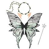 Snycler Fairy Wings for Adults, Fairy Costume Set with Floral Garland Wand & Elf Ears Butterfly Wings – Ideal for Cosplay, Party, Black