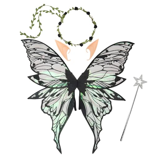 Snycler Fairy Wings for Adults, Fairy Costume Set with Floral Garland Wand & Elf Ears Butterfly Wings – Ideal for Cosplay, Party, Black