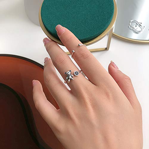 Lovely Bear Sterling Silver 925 Open Stacking Rings for Women Vintage Antique Black CZ Crystal Eternity Engagement Statement Ring Finger Band Cute Jewelry Adjustable2