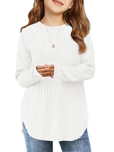 Haloumoning Girls Long Sleeve Shirts Kids Ribbed Knit Curved Hem Tunic Tops Fashion Tees 5-14 Years White