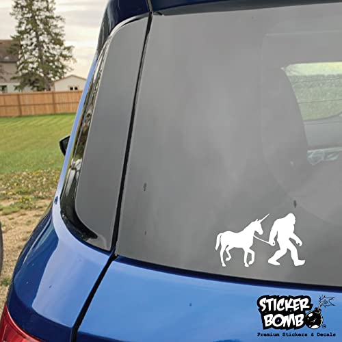 Big Foot Walking A Pet Unicorn Decal Bumper Sticker - Sticker Bomb Vinyl Decal For Car Truck, Computer, Anywhere! Premium 6 Year Outdoor Vinyl (White, 1) #TOP3
