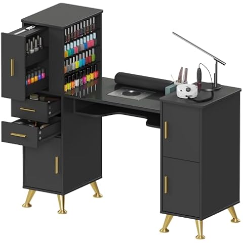 Kikihouse Manicure Table Nail Desk with Glass Top & Wrist Rest, Nail Station with Dust Collector & 4 Dust Bags, Beauty Salon Workstation with Storage Drawers & Cabinet (Black) Cover