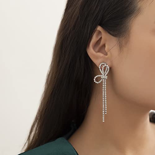Rhinestone Silver Bow Earrings For Women - Hypoallergenic Silver Crystal Bowknot Tassels Statement Dangle Earrings Girls Teens (Silver Bow Earrings B) #TOP4