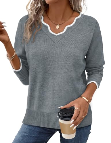 Pullover Sweaters for Women V Neck Cozy Fall Sweaters for Women 2026 Trendy Knit Jumper Winter Sweater Top Grey M