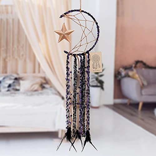Dremisland Moon Dream Catcher Handmade Half Circle Moon Design Dream Catcher Feather Hanging with Star Home Decoration Ornament Festival Gift (Purple) - Image 6