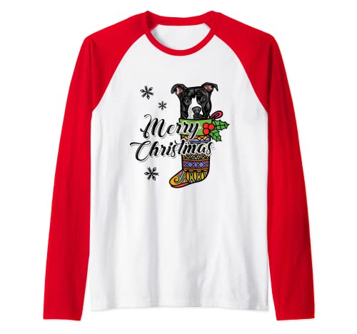 Funny Xmas Gift for Dog lover Merry Christmas Pitbull Maglia con Maniche Raglan