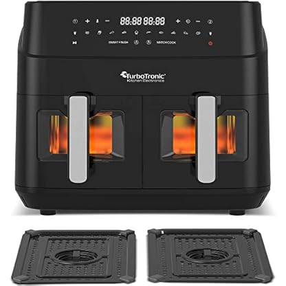 TurboTronic Heißluftfritteuse XXL doppel Airfryer 1600W / 9L (2x 4,5L Kammer) 10 Programme digitale Heißluft Fritteuse ohne Fett Öl Dual Luftfritteuse Air Friteuse Power Black – Bild 7