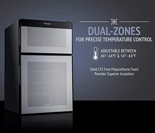 MOLVUS Weinkühlschrank mit Zwei Zonen für 24 Flaschen, Weiß- und Rotweinkühlschrank, Weinkühlschrank für die Arbeitsplatte mit digitaler Temperaturanzeige, freistehender Kühlschrank, leiser Betrieb