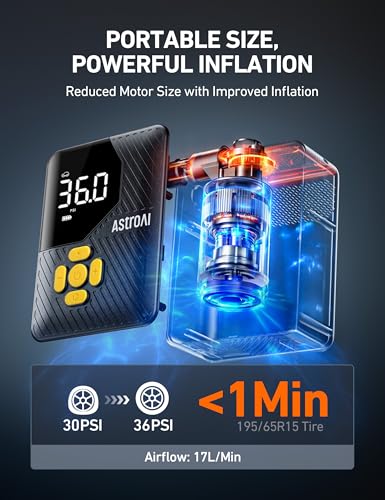 Image of AstroAI 150 PSI Tire Inflator Portable Air Compressor, Fast Inflation Cordless Air Pump with LED Light &Pressure Gauge, Auto Shut-Off, L7 Mini Tire Inflator for Cars, Motorcycle, Bicycle, Ball, Yellow